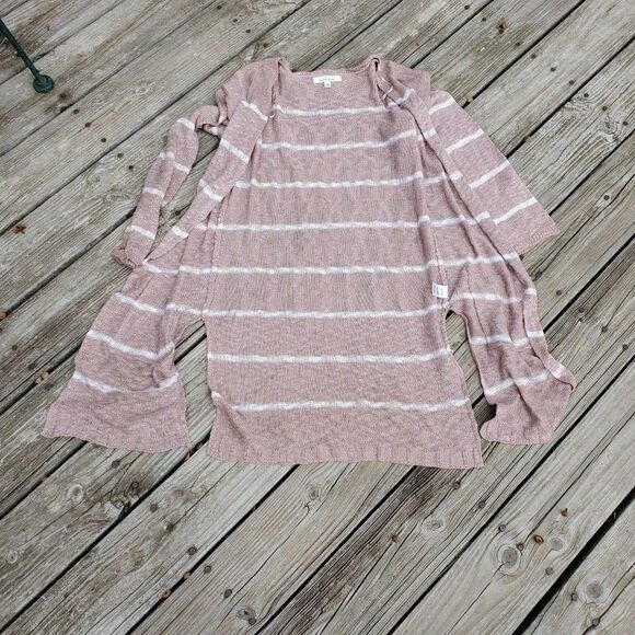 Love Tree Womens Sz Large Long Cardigan Dusty Rose White Stripes - Picture 3 of 8